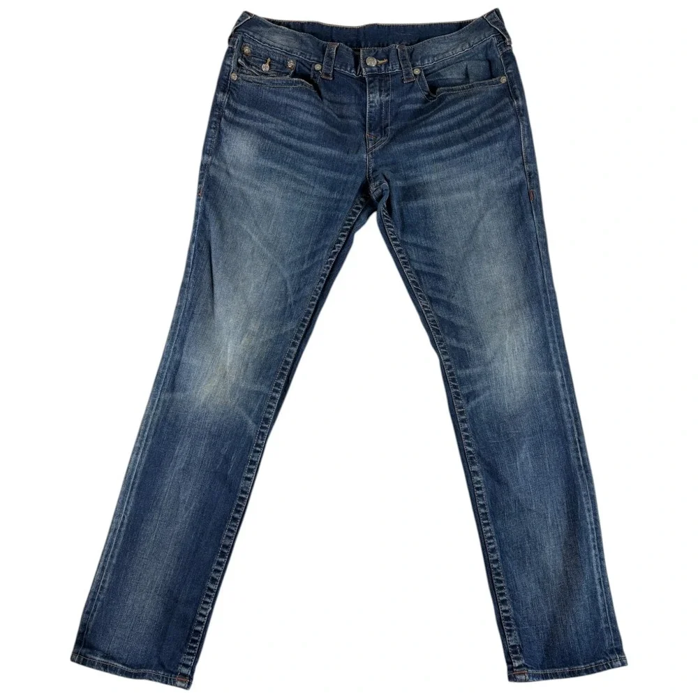 True Religion Rocco Relaxed Skinny Jeans Mens 38 Blue Denim Stretch Flap Pockets